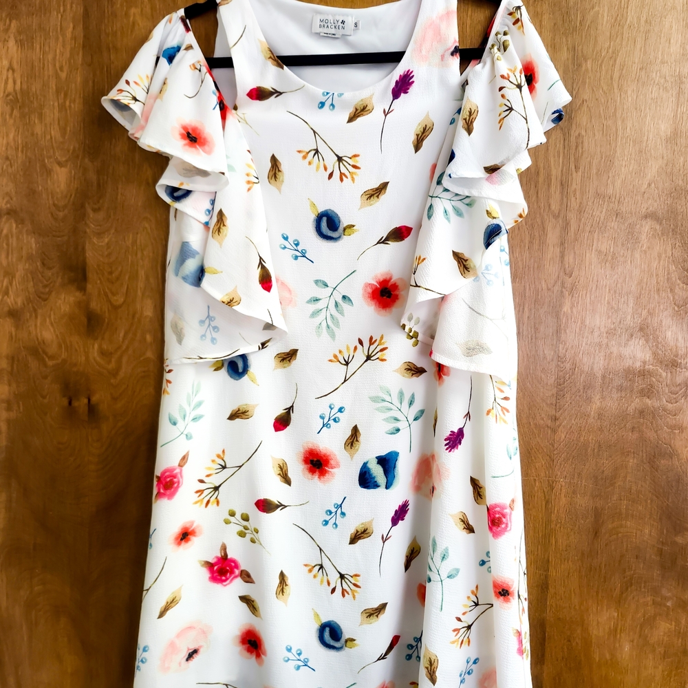 Molly Bracken Dress Womens Small White Floral Flutter Sleeve Mini Spring Summer